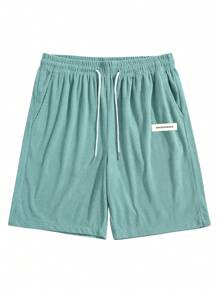 男士休闲灯芯绒运动短裤，抽绳腰带口袋休闲短裤，字母印花，百搭百慕大短裤 - 薄荷綠 - 查看 1