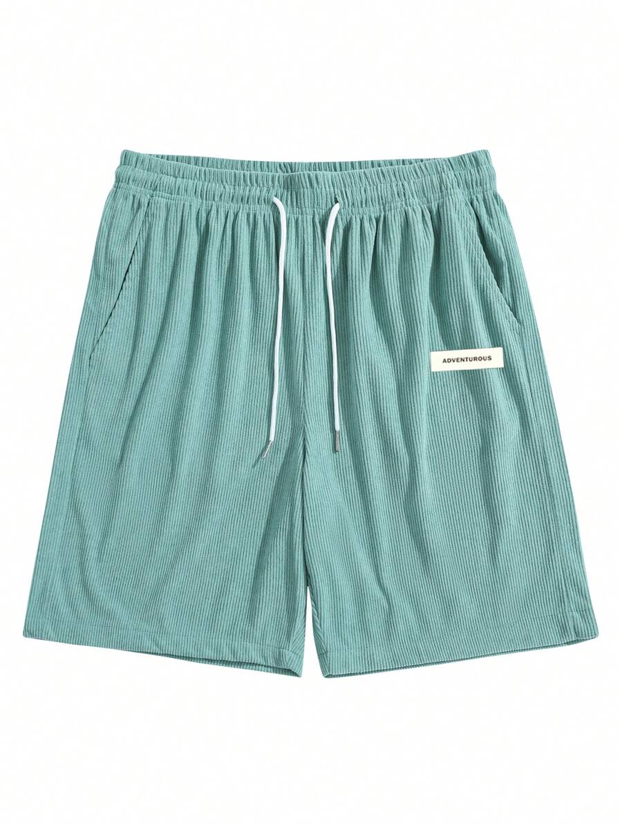 男士休闲灯芯绒运动短裤，抽绳腰带口袋休闲短裤，字母印花，百搭百慕大短裤 - 薄荷綠 - 查看 1
