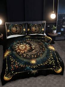 3PCS Super Soft Breathable Golden Sun And Moon Planet Duvet Cover Set (1 Duvet Cover+2 Pillowcases Without Pillow Core), At Home Dormitory High Definition Numerical Code Printing
