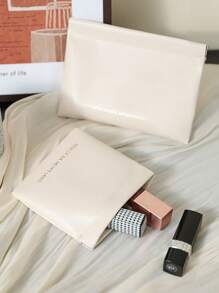 1pc Unisex Cream Color Press Open Cosmetic Data Cable Earphone Key Storage Pouch, PU Leather Mini Makeup Bag For Outdoor Travel, Auto-Closing Snap Lipstick Bag