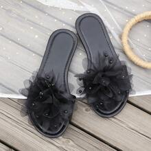 Women's Platform Slide Sandals With Lace Flower & Faux Pearl Decor, Strap , Extra Soft Sole, Comfortable Cloud-Like Feel, Anti-Slip Bathroom/Beach Slippers
