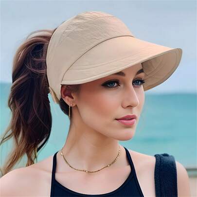 1pc Breathable Women's Sun Hat With Wide Brim, UV Protection, Open-Top Peaked Visor For Ponytails