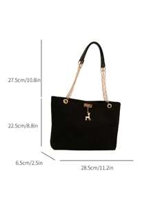 1pc Polyester Deer Pattern Decorative Large Capacity Zipper Shoulder Tote Bag, Suitable For Women's Daily Use - Black - View 3