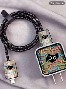 5pcs Cute Cartoon Line Cat Design Charging Protector Case, Compatible With Apple 18W/20W Charger Cable Protector, Charger Protector