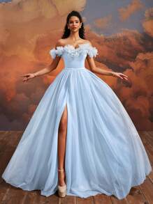 VIPGIRL SHEIN X Hannahelzahed Hannah Dreamy Blue Floral Off-Shoulder Tulle Ball Gown With High Slit, Corset Bodice, Princess Style Maxi Dress, Women Formal & Evening Dresses, Elegant Party Dress, For Wedding Guest