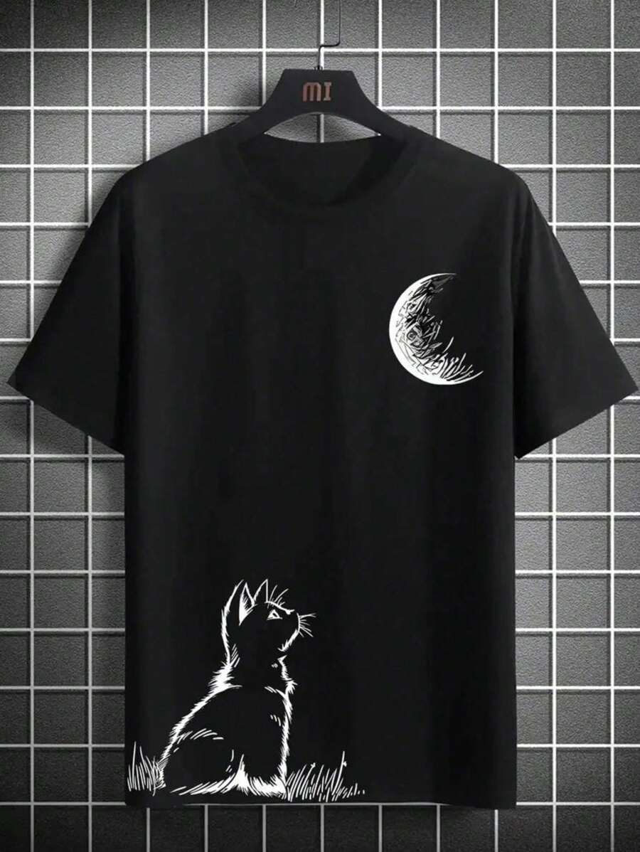 Shirt Moonlight Cat T-Shirt Skater Shirt 100% Cotton - màu đen - Xem 1