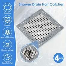 4Pcs Drain Hair Filter Mesh Tub Drain Protector Anti Slip Sink Hair Stopper Stainless Steel Hair Strainer Multipurpose Bathtub Hair Trap Stopper For Kitchen Bathroom Laundry Room Bathroom Floor Drain Hair Filter Shower Drain Hair Catcher Sink Drain - 4 件方形 - 查看 4