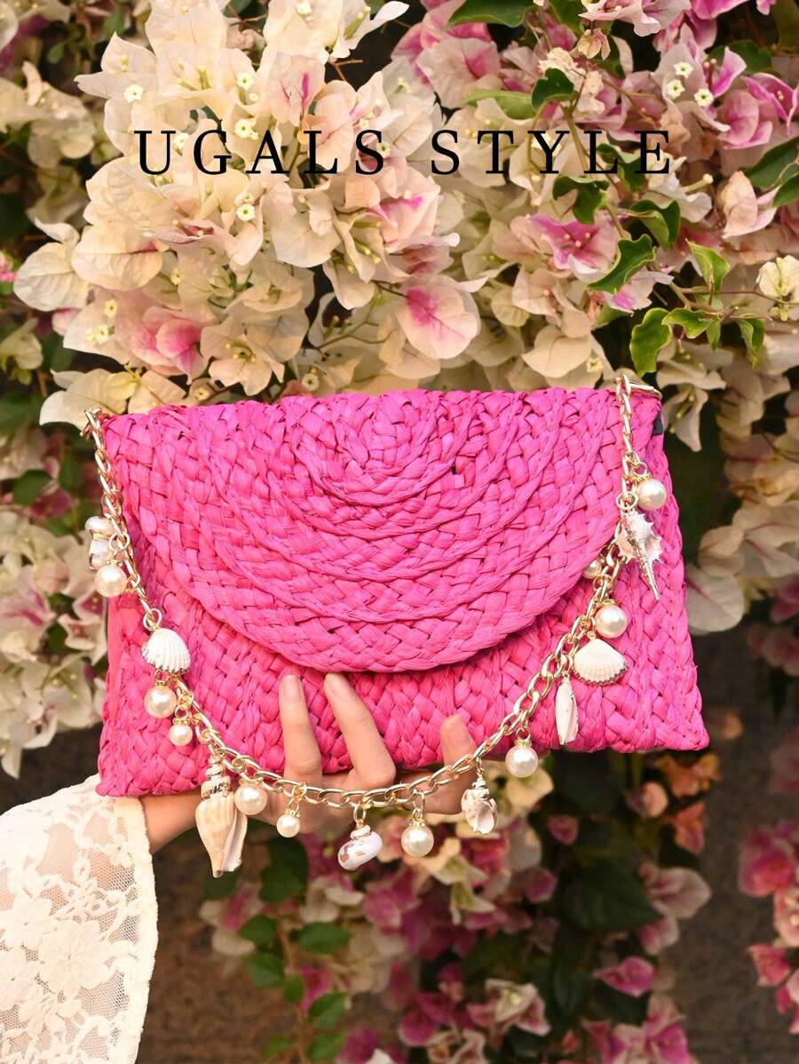 休闲风格购物袋波西米亚编织翻盖包，带有岛屿设计，草编沙滩包，藤条女士晚宴手拿包，新娘婚礼钱包，派对舞会信封手提包 - 粉色 - 查看 1