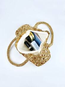 韩式个性镂空编织时尚手提包，手工珍珠装饰托特包腋下包，百搭