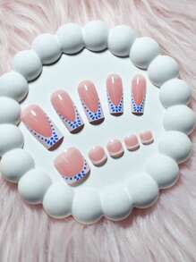 48Pcs Medium Square Hand & Toe Press On Nails Set, White French Tips With Blue Polka Dot Floral Design, Fresh And Style, Perfect For Daily Wear And Vacation, Includes Nail File And Jelly Gel, Effortlessly Create Simple And Elegant Nails
