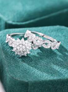 2 件优雅女士花朵镂空无限符号微镶嵌锆石首饰套装，适合订婚、婚礼、周年纪念、情人节 - 銀色 - 查看 3