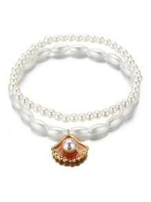 2pcs/Set Faux Pearl Shell Pendant Anklet Set, Minimalist Fashion Style, Suitable For Daily Wear, All Seasons