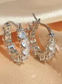 1 对女士 U 形全铺镶方晶锆石花边环状耳环，小众设计，优雅时尚百搭简约风格耳环适合宴会、派对、晚宴、度假、休闲等场合 - 銀色 - 查看 7