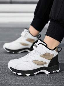 1 Pair Kids Boys Sports Shoes With PU Leather Upper And Hook And Loop Design, Boys Basketball Shoes, Outdoor Hiking Sneakers, Suitable For All Seasons