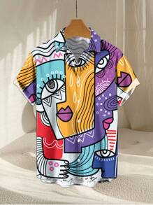 Men's Casual Short Sleeve Shirt With Shark & Holiday Pattern Print, Summer - Multicolor - View 2