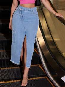 Women's Denim Long Skirt With High Waist, Asymmetrical Open Collar, Casual, Non Elastic, Comfortable, A-Line, Multi Practicality Pocket Denim Skirt - Ánh sáng - Xem 1