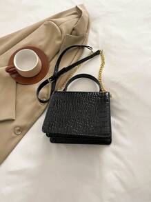 1pc Black PU Elegant Minimalist Crocodile Skin Pattern Metal Buckle & Chain Flap Cover Shoulder Handbag, Suitable For Ladies Spring/Summer, Office Commuter Bag, Outgoing Shopping Tote, Fit For Smartphone, Wallet, Lipstick, Keys, Tissue, Fashion Accessory