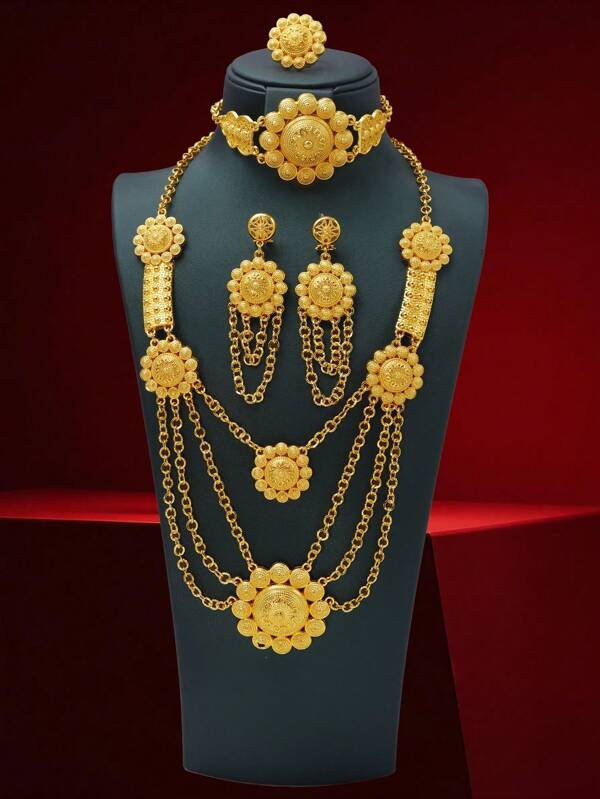 5pcs Vintage Luxury Jewelry Set, 24K Gold Plated Copper Alloy, Exaggerated Style Necklace, Earrings, Ring Set, Suitable For Women, Especially For Wedding, Party And Ramadan Occasions