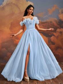VIPGIRL SHEIN X Hannahelzahed Hannah Dreamy Blue Floral Off-Shoulder Tulle Ball Gown With High Slit, Corset Bodice, Princess Style Maxi Dress, Women Formal & Evening Dresses, Elegant Party Dress, For Wedding Guest