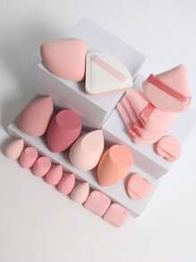 20 piezas Juego de limpieza de maquillaje, esponjas finas, esponjas puntiagudas, borlas de polvos con forma de corazón, borlas de polvos cuadradas