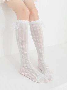 [2 Pairs] Girls Kids Knee High Socks, Spring/Summer Thin Knit Pure Cotton Lace Bow Tulle Breathable Moisture Wicking Mid-Calf Stockings, Student Children Lolita Socks, Versatile New Arrival