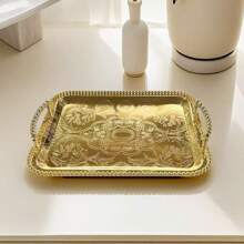 1pc Decorative Metal Rectangular Tray With Beaded Handles Serving Tray Hotel Decor, Suitable For Festival Center Decor, Hotel Home And Office Decor, Any Festival