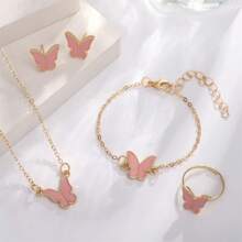 Juego de 4 piezas de joyería con diseño de mariposa con efecto de goteo para mujeres: collar, pulsera, aretes y anillo minimalistas con diseño de mariposa