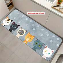 Cute And Colorful Cat Paw Print Area Rug, Features Cartoon-Style Cat Faces, Light Blue-Grey, Suitable For Entryway, Living Room, Bedroom, Dining Room, Hallway, Laundry Room, Kitchen, Balcony As Indoor Entrance Carpet, Modern Polyester Rectangular Non-Slip Absorbent Floor Rug - Indoor All-Season Home Decor, Kitchen Runner