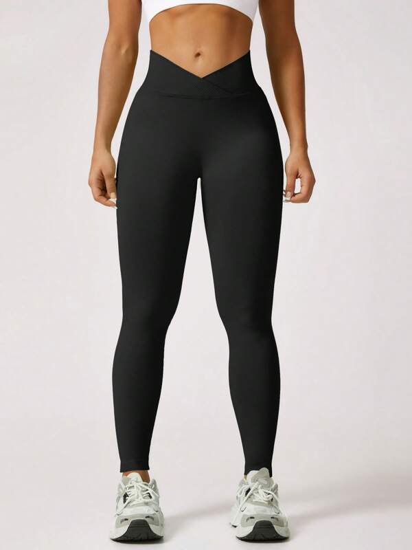 1 pieza Leggings de mujer de cintura alta sin costuras, elásticos, de moda con cintura en forma de V, para dar forma, levantar, ejercicio, correr, pantalones deportivos, primavera/verano