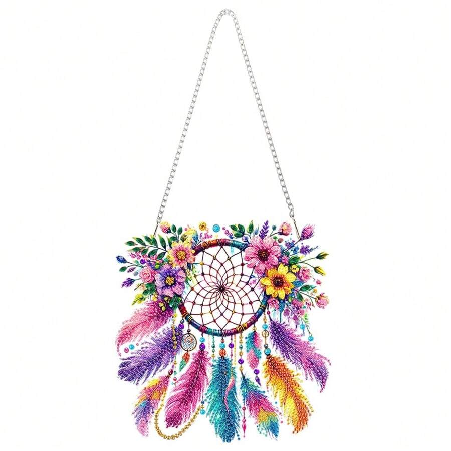 DIY 捕梦网钻石画套装 - 亚克力宝石艺术吊坠套装，配有独特形状的钻石钻头，适用于家居墙面装饰、工艺品和工具 - 彩色 - 查看 1