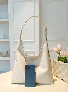 Bolso de hombro de gran capacidad para mujer en estilo retro, versátil bolso de mano de unicolor suave