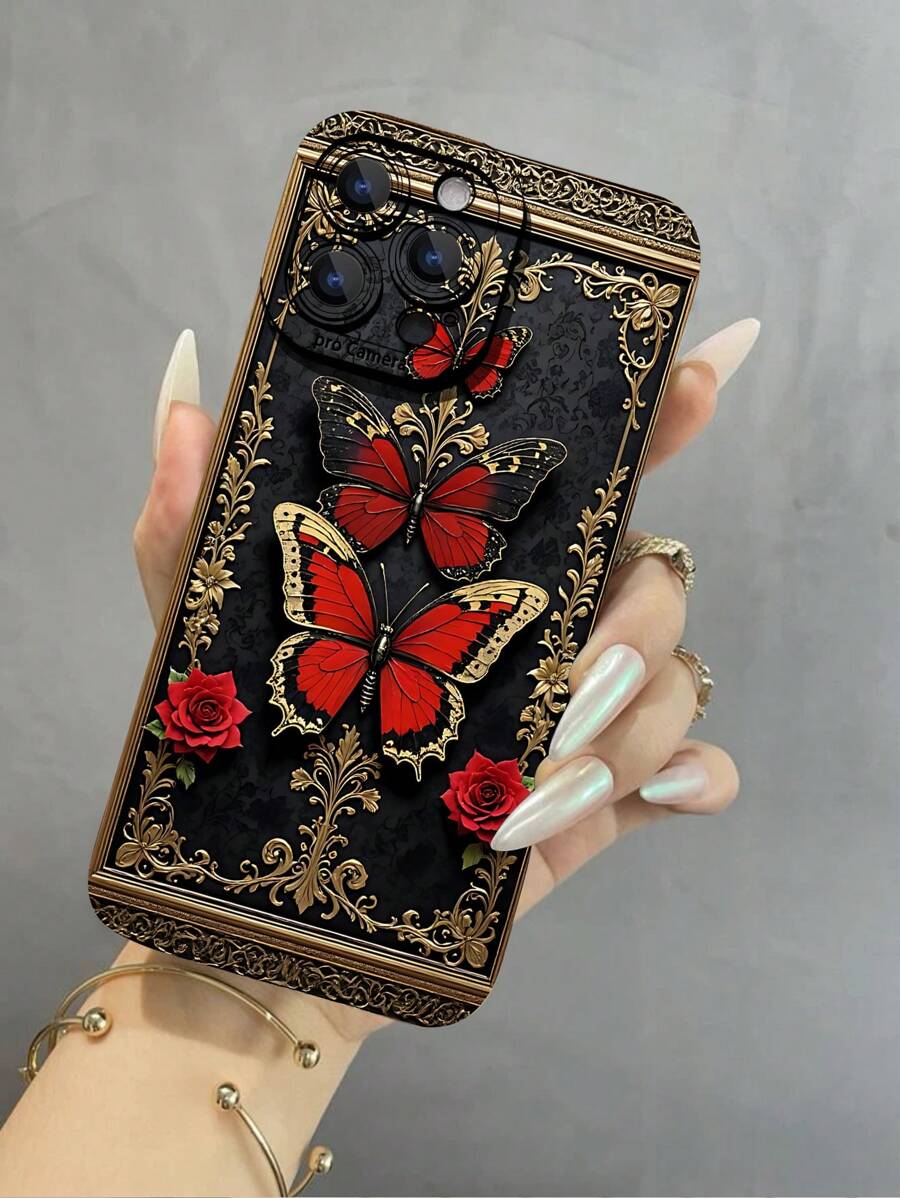 1pc New Dark Style Butterfly Pattern TPU Shock-Resistant Soft Phone Case, Compatible With IPhone