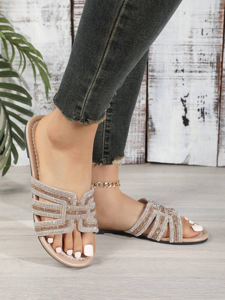 Women's Rose Gold Bling-Bling Glitter Open Toe Flat Sandals, Breathable Hollow Out Dual-Color Crystal Embedded All-Match Elegant Comfortable Casual Slippers Suitable For Wedding, Party, Home, Beach, Travel, All Seasons 2025