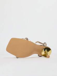 Women's Clear Crystal Heel Sandals, Metal Pearl Rhinestone Decor Chunky High Heel Lace-Up Golden Sandals