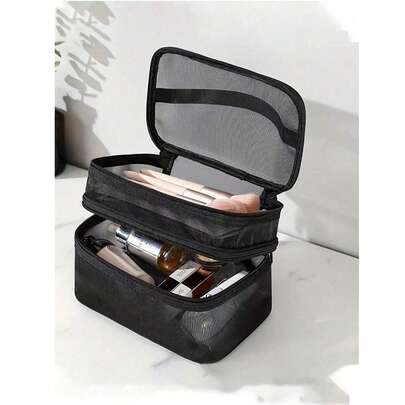 1 件双层网眼化妆包，透明便携式收纳袋，化妆刷架，流行洗漱包，化妆品收纳袋，大容量多隔层设计，手提包，沙滩包，网眼手提包，化妆包浴室装饰夏季化妆品收纳浴室配件返校