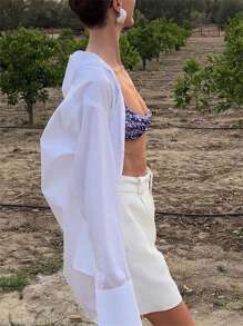 Womens Summer Striped Plain Shirts Long Sleeve Button Down Loose Tops Lightweight Blouses Streetwear - White - View 6