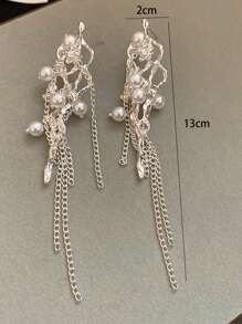 Silver Flower Faux Pearl Chain Tassel Earrings, Suitable For Daily Wear - Silver - View 6