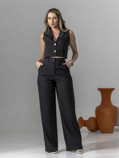 conjunto de colete e calça pantalona de alfaiataria listrada C3095