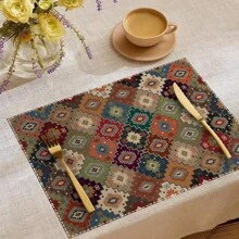 Boho Placemats Set Of 4/2 Pcs Bohemian Carpet Vintage Orange Grey Floral Linen Washable Kitchen Dining Table Mats Stain Heat-Resistant Desktop Decor Place Mats For Home Party Indoor 12x18 In