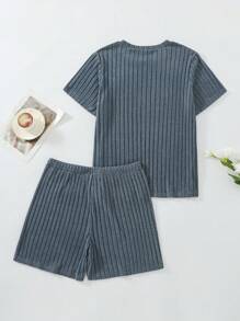 2 pièces Ensemble de vêtements d'intérieur femme grande taille, Top côtelé et short en vrac, col rond, Pyjama