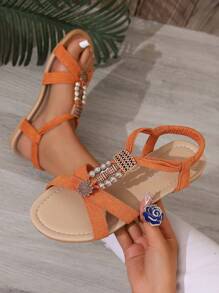 女士串珠平底凉鞋，时尚，夏季，复古，波西米亚风，适合度假