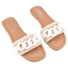 Dép sandal đan rơm BELOVELY hở mũi vuông mùa hè cho nữ có trang trí tết màu trắng - Màu be - Xem 2