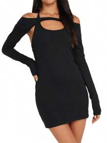 Women Wrapped Dresses Tops Sleeveless Hanging Neck Solid Color Short Midi Long Sleeved Tops - Black - View 2