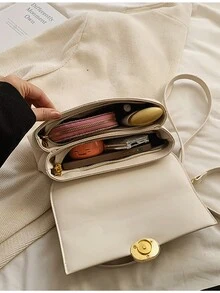 冬季新款时尚经典百搭复古Pu防水面料，Pu拼接面料手提包，金属扣装饰翻盖单肩包，适合购物。旅行、聚会、约会使用。 - 白色 - 查看 5