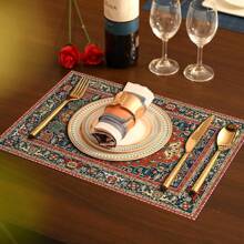 Boho Placemats Set Of 4/2 Pcs Bohemian Carpet Vintage Orange Grey Floral Linen Washable Kitchen Dining Table Mats Stain Heat-Resistant Desktop Decor Place Mats For Home Party Indoor 12x18 In