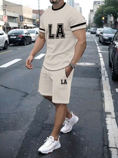Men's LA Print Crew Neck Short Sleeve T-Shirt And Shorts Set, Athleisure Style For Summer Everyday And Outdoors.