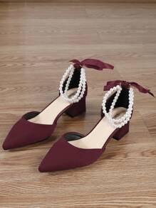 Cravure 2025秋冬新款时尚女士酒红色高跟鞋，珍珠蝴蝶结粗跟尖头凉鞋，夏季中跟玛丽珍鞋，优雅，适合派对、婚礼等场合。 - 酒紅色 - 查看 6