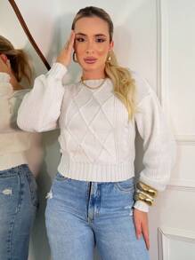 Women's Cropped Blouse Fang Puff Sleeve Fashion Knitted Knit Women's - 白色 - 查看 1