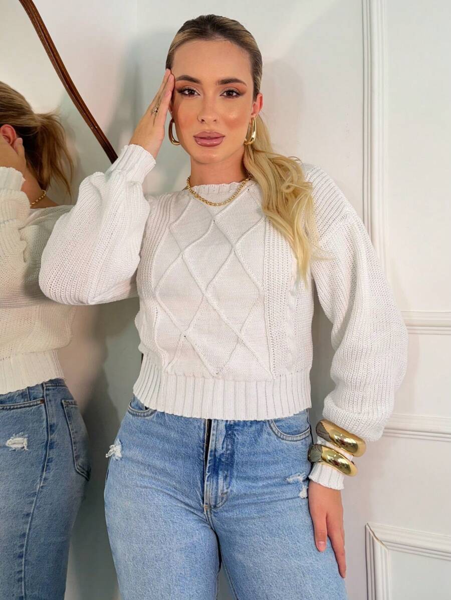 Women's Cropped Blouse Fang Puff Sleeve Fashion Knitted Knit Women's - 白色 - 查看 1