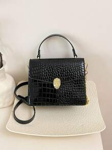 1pc Black PU Elegant Minimalist Crocodile Skin Pattern Metal Buckle & Chain Flap Cover Shoulder Handbag, Suitable For Ladies Spring/Summer, Office Commuter Bag, Outgoing Shopping Tote, Fit For Smartphone, Wallet, Lipstick, Keys, Tissue, Fashion Accessory